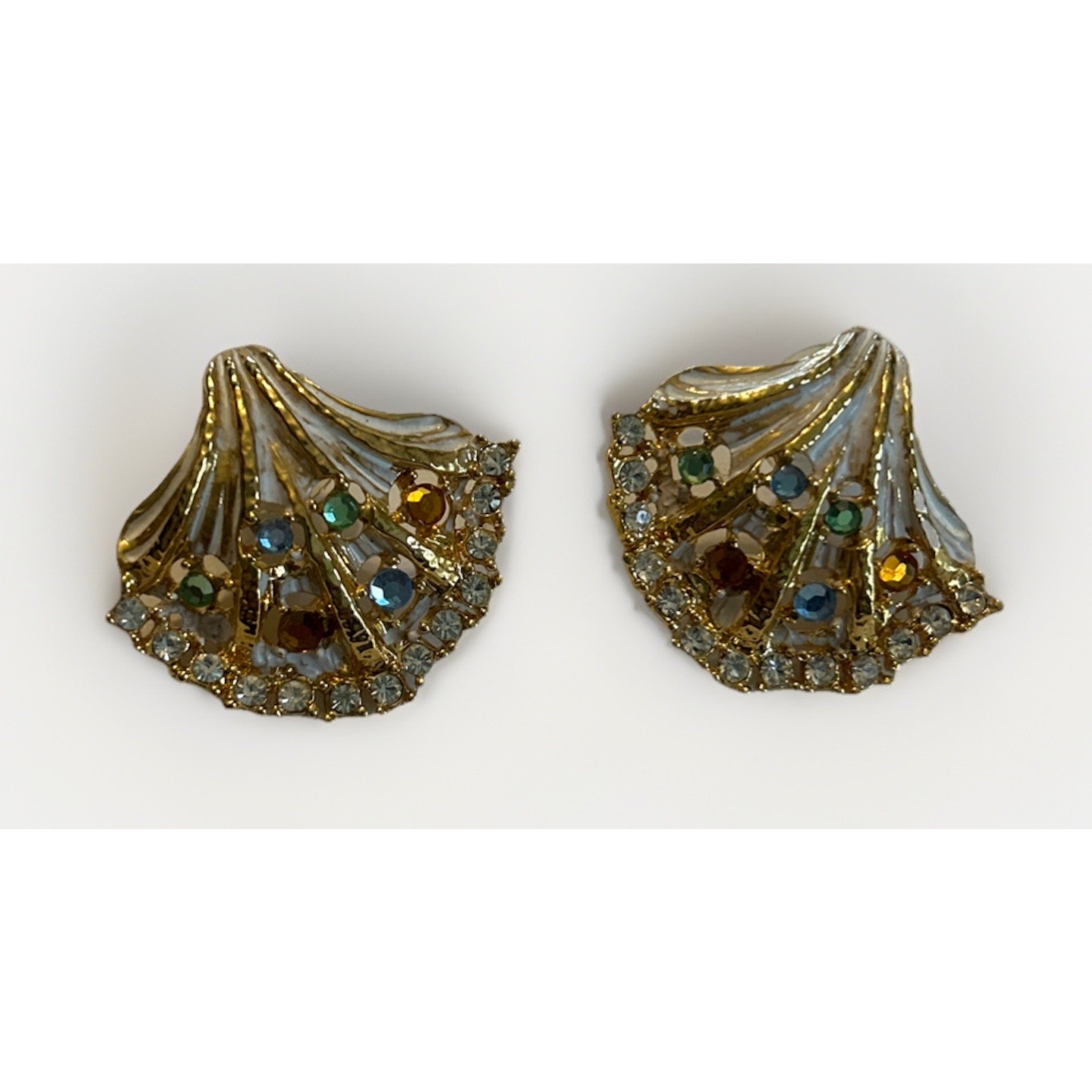 Vintage Signed Craft White Enamel Gold Tone Rhinestone Earrings Multicolor 80s 22$